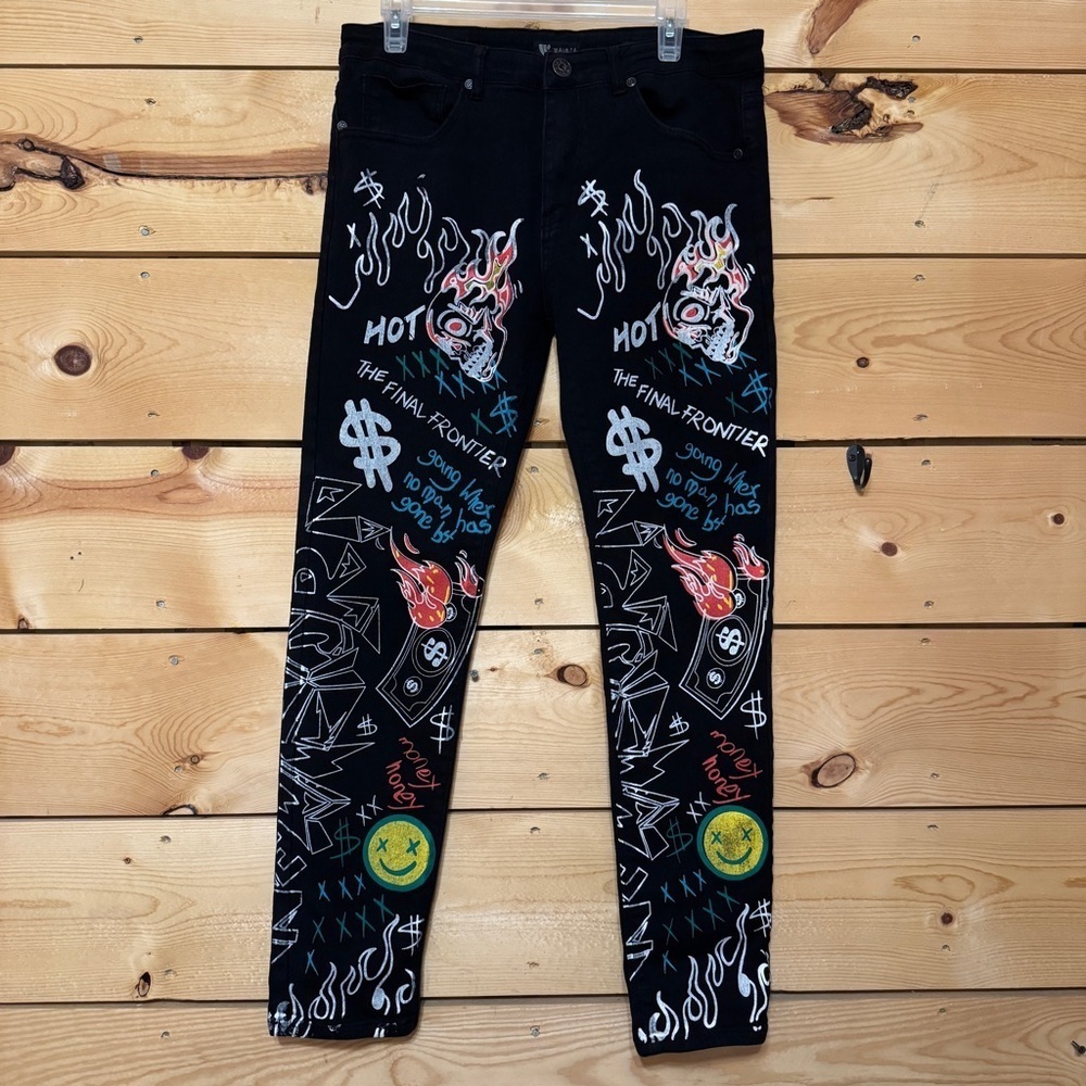 Waimea Men’s Black StretchSkinny Fit Graffiti Jeans 34x30 Pants - Picture 9 of 11